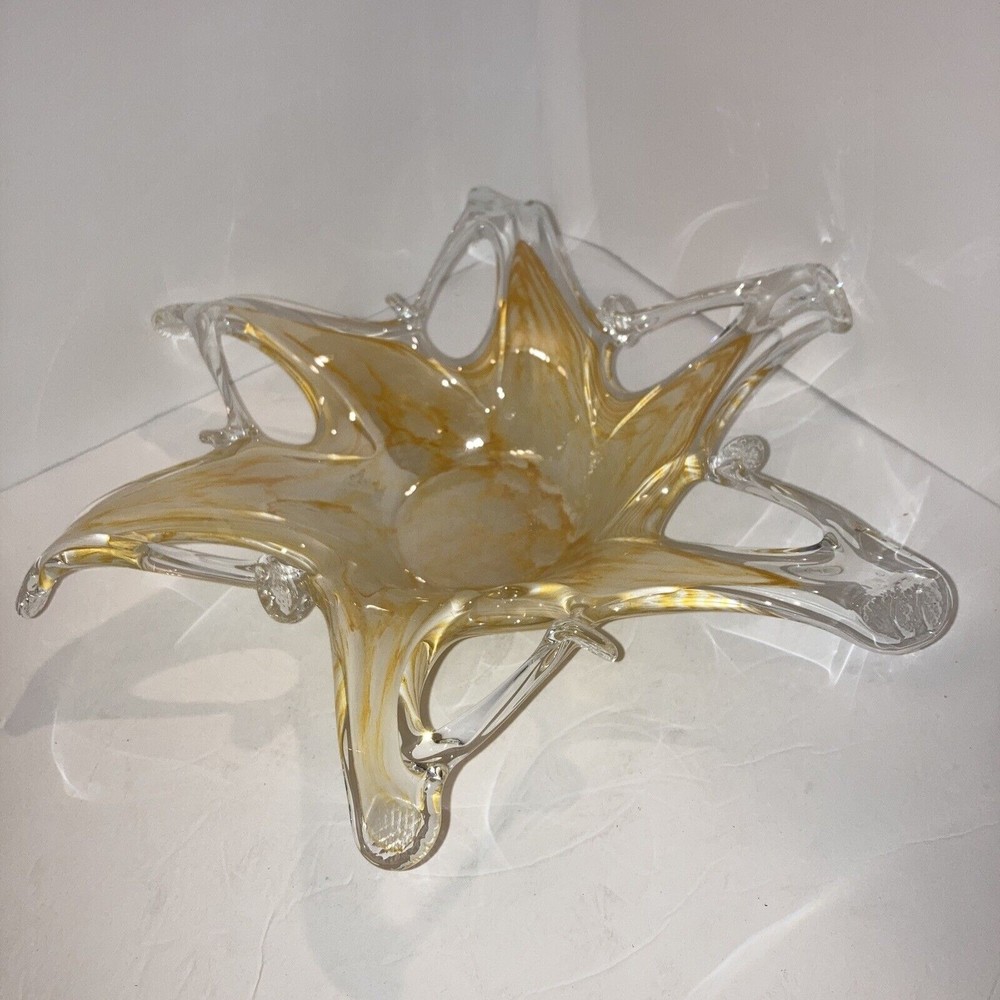 Vintage Murano Hand Blown Art Glass Bowl Six Points Rare Gold Unique